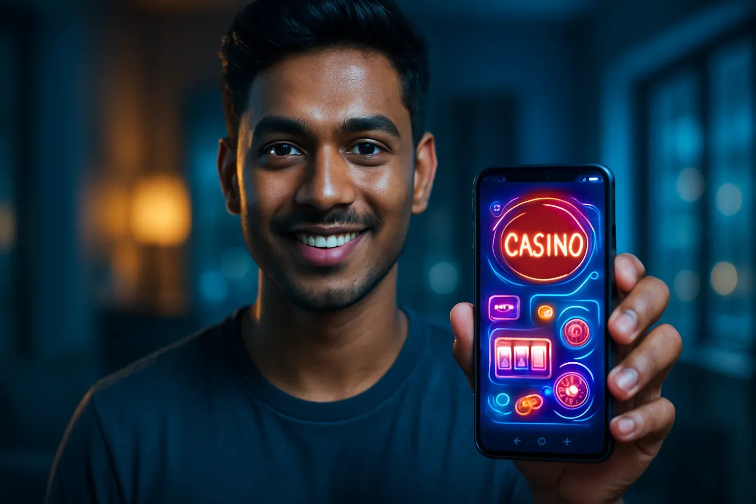 Young Bangladeshi man holding smartphone showing glowing casino app interface