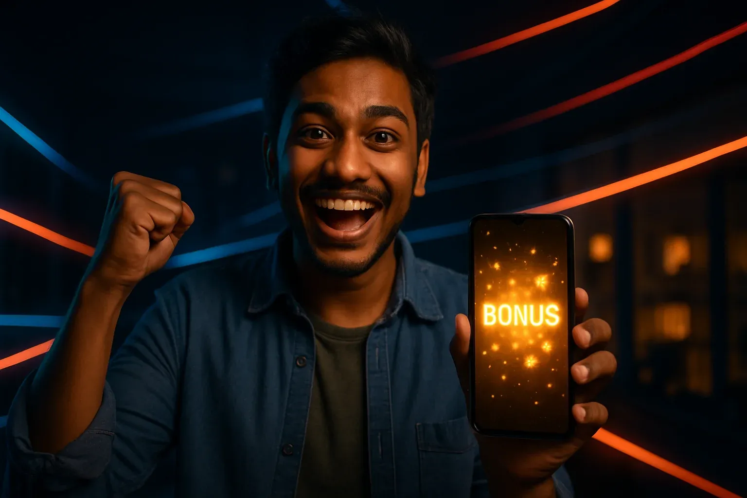 Joyful young Bangladeshi man celebrating, holding smartphone with glowing bonus notification
