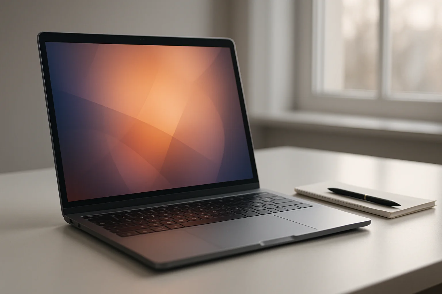 Modern laptop on white desk with abstract glowing screen in daylight