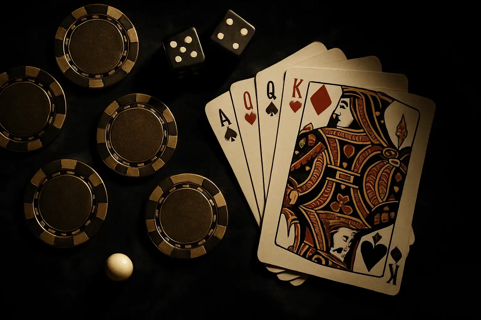 Top-down casino flat lay on dark velvet with chips, cards, dice, roulette ball
