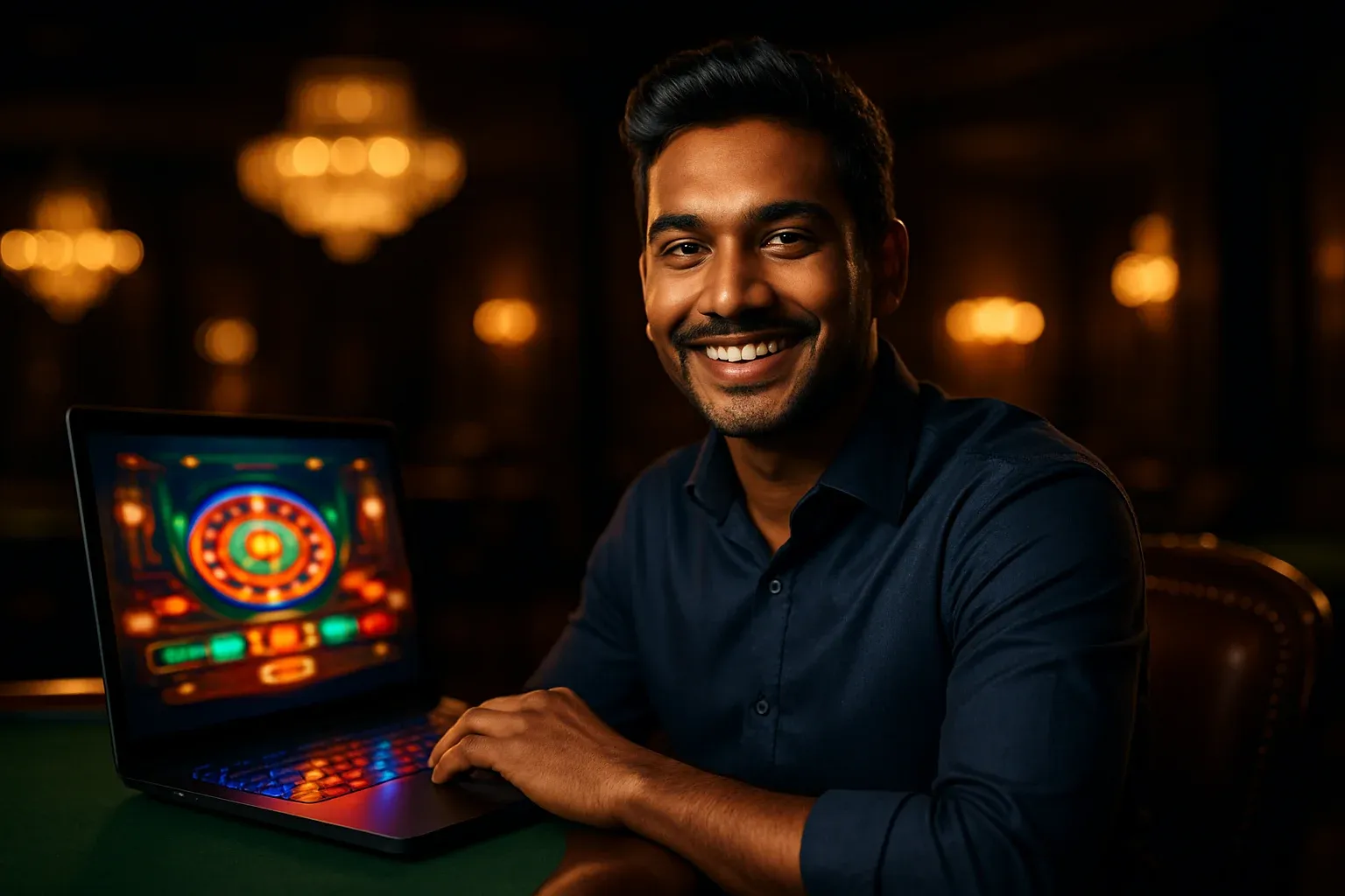 Cheerful Bangladeshi man smiling at open laptop in casino lounge