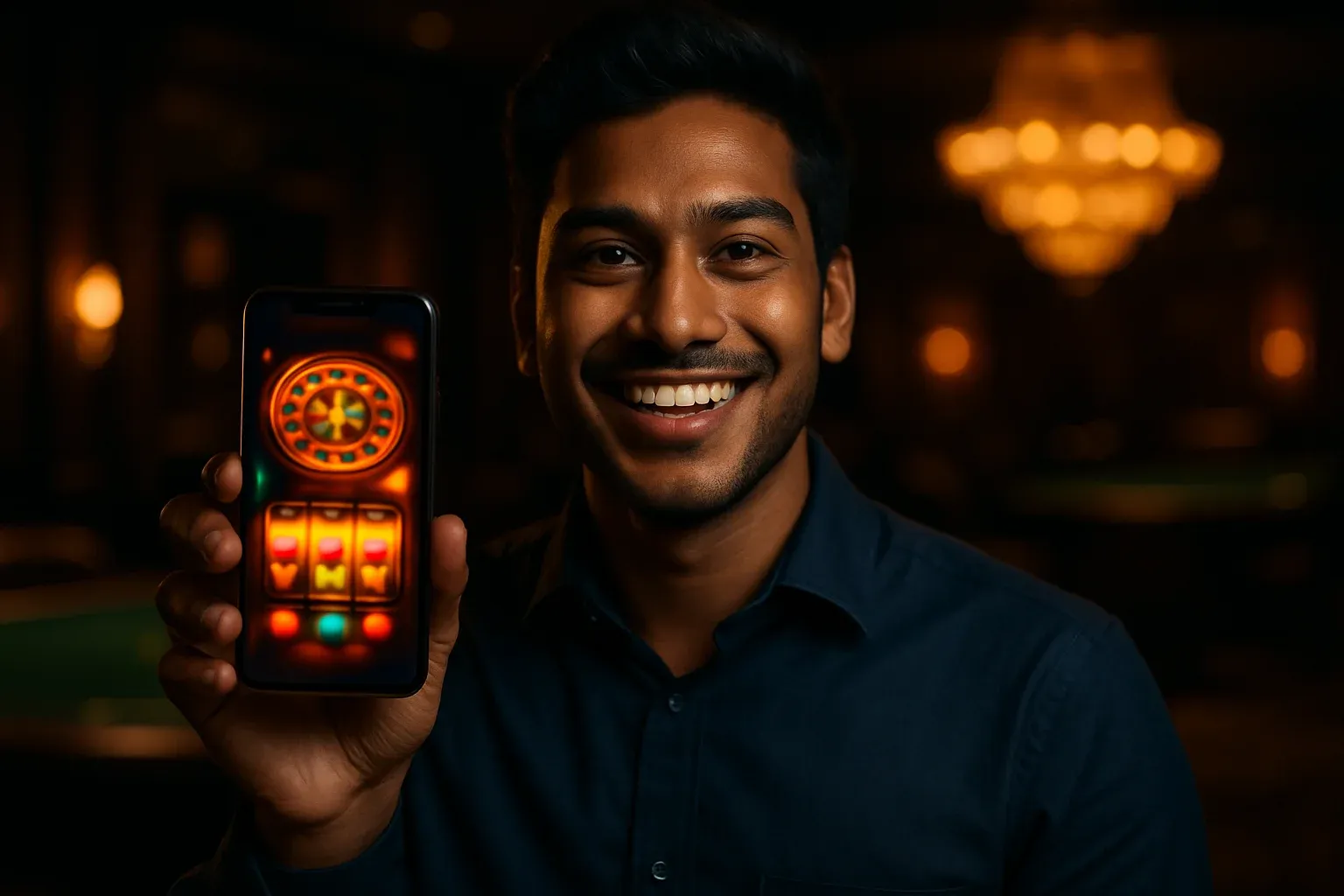 Cheerful young Bangladeshi man holding smartphone showing blurred casino app UI