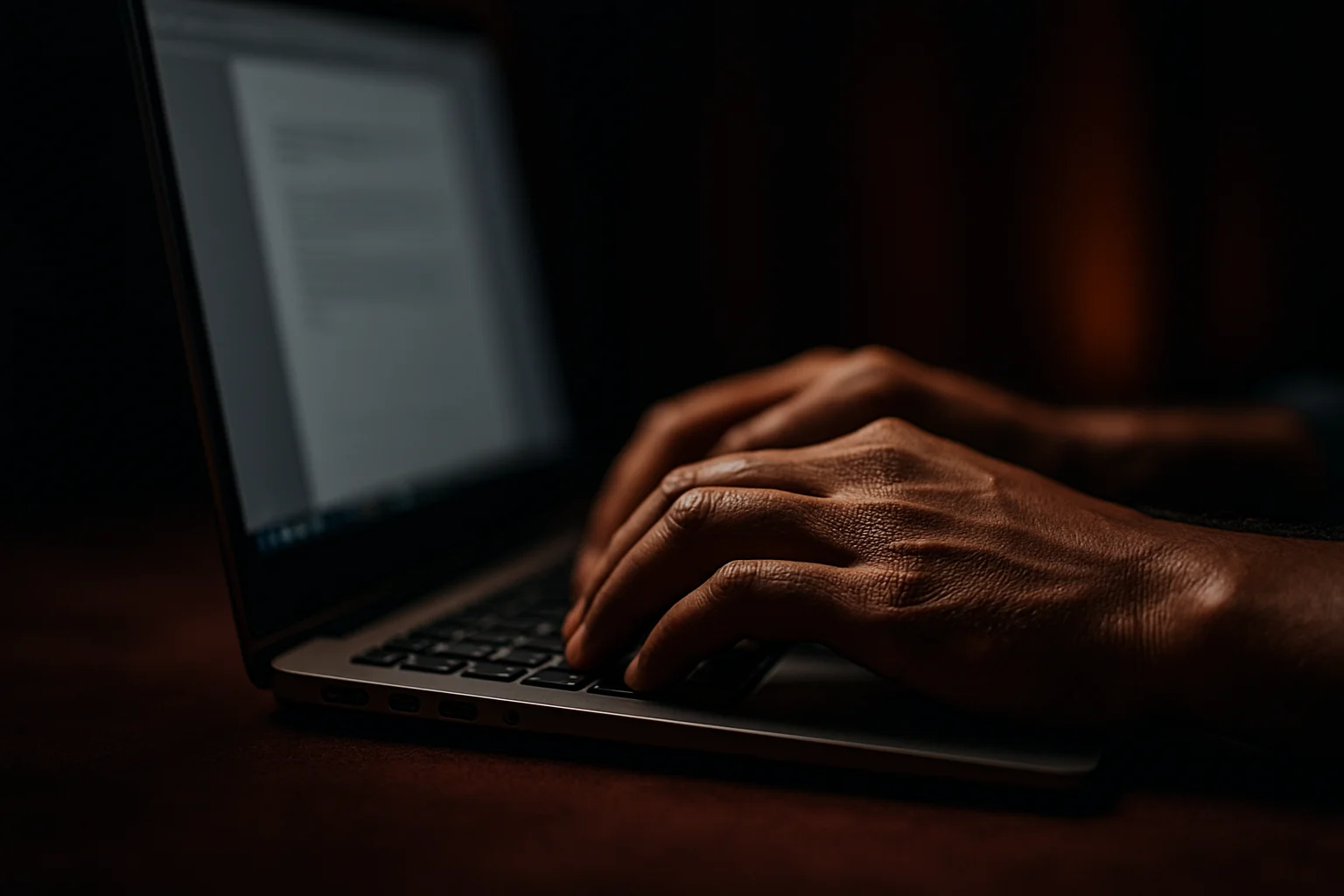 Close-up of Bangladeshi hands typing on laptop keyboard in dark light