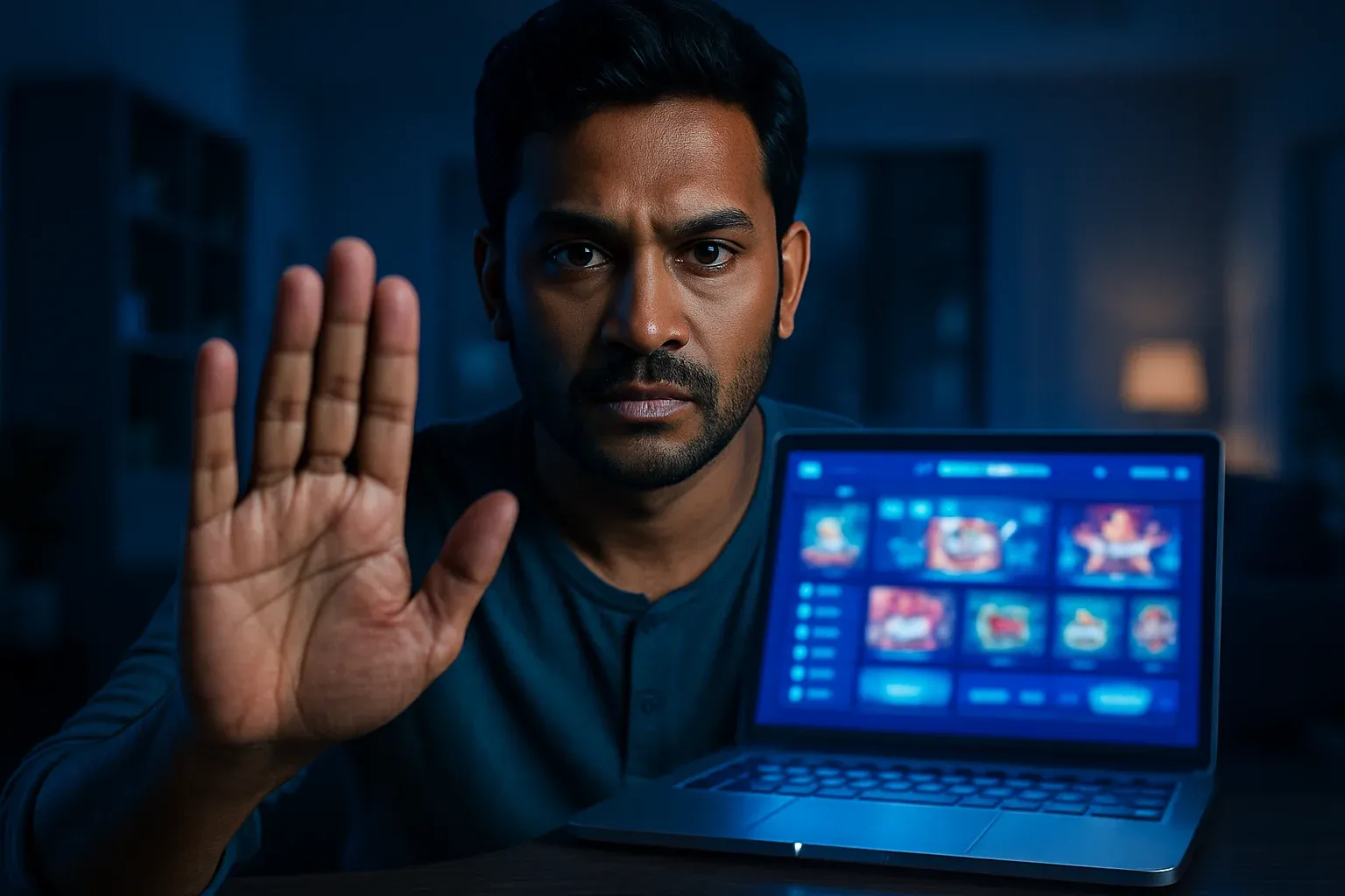 Confident Bangladeshi man signals stop beside blurred online casino laptop