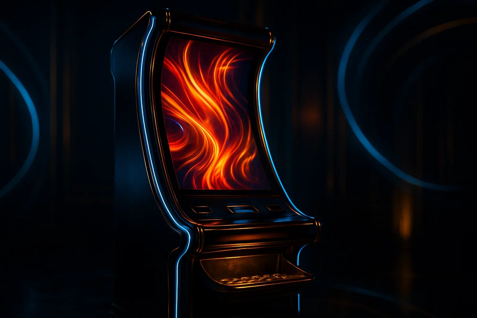 Hyperrealistic premium slot machine in dark luxury setting with neon lighting